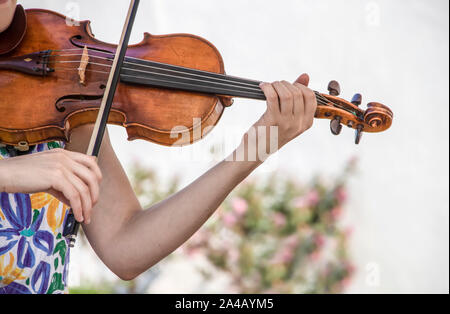 Vista ritagliata della donna in abito fiorito riproduzione di un violino contro sfocati sullo sfondo bianco con fiori Foto Stock