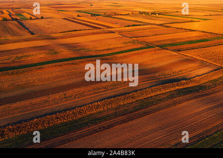 Colorata campagna patchwork di sfondo, coltivato campo agricolo come modello astratto in autunno tramonto, Vista aerea da fuco pov Foto Stock