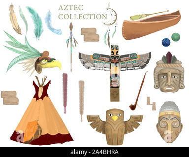 Wild West set con wigwam sciamano, totem pietre, canoa, cartoon illustrazione isolato clip art su sfondo bianco. Collezione azteca, tribale set di Foto Stock