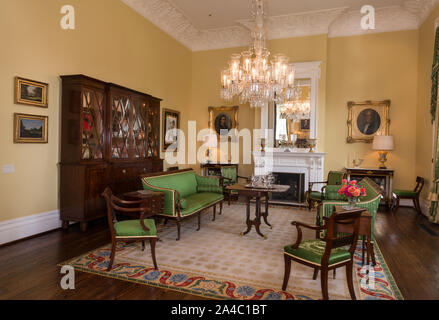 Il grande salone con l'angolo nord-ovest della sezione 1856 del Texas Governor Mansion di Austin, la capitale del Texas Foto Stock