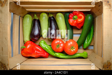 Vecchia scatola di legno piena di appena raccolto ortaggi freschi, con peperoni rossi e verdi, melanzane, zucchine e pomodori Foto Stock