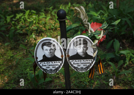 Fotografia delle vittime del Bolshevik repressioni politico installato dai loro parenti a Levashovo Memorial Cemetery in foresta accanto a Levashovo stazione ferroviaria nei pressi di San Pietroburgo, Russia. La foresta è diventato la massa luogo di sepoltura delle persone giustiziate durante il Grande spurgare dalla polizia segreta sovietica NKVD, più tardi conosciuto come il KGB. Vi sono stati almeno 19.000 vittime di repressioni politici qui sepolto dal 1937 al 1954. Secondo altre fonti, circa 45.000 persone potrebbe essere sepolto a Levashovo Memorial Cemetery in tombe non marcati. Foto Stock