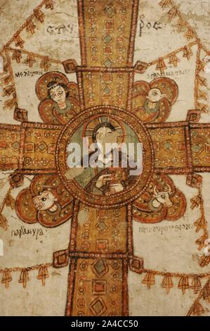 Pintura murale con rappresentazione de la Cruz, con la imagen de Cristo en el centro (Maiestas Crucis). Detalle. Siglo XI. Procedente del vestíbulo norte de la Catedral de Faras, Sudán. Galería Faras. Museo Nacional. Varsovia. Polonia. Foto Stock