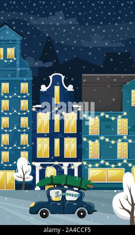 Paesaggio urbano di Natale con le case europee e la neve. La vettura prende l'albero di Natale home. Appartamento illustrazione vettoriale. Illustrazione Vettoriale