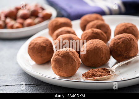 In casa tartufi di cioccolato fondente sulla piastra ricoperta in materie di cacao in polvere. Primo piano. Il cioccolato bon bon candy Foto Stock