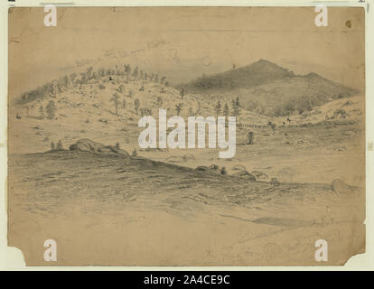 La battaglia di Gettysburg. Vista del Little Round Top e il Devil's Den, detenute dal Quinto Corps Foto Stock