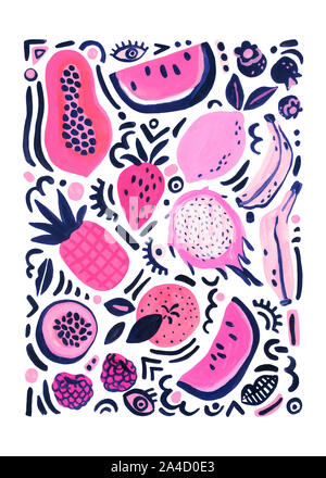 Frutti tropicali poster. Sfondo insolito con cocomero, banana, arancio, limone, lampone, papaia, dragon, frutta fragola, pop art scarabocchi. Mano Foto Stock