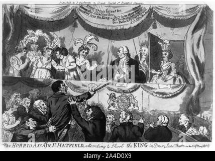 L'orrida assassin è Hatfield, attemting per sparare il re in Drury Lane Theatre il 15 maggio, 1800 Foto Stock