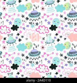 Colorato spazio infantile seamless pattern. Disegni ad acquerello del cartoon pianeti, luna, stelle comete, UFO nel quartiere alla moda di universo Colore sfondo per sca Foto Stock