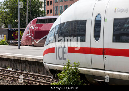 I treni express, treno ICE e il francese Thalys con il treno alla stazione centrale di Essen, Germania, Foto Stock