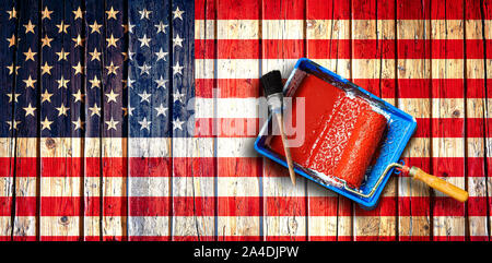 Strumenti di pittura su textured USA contrassegnato tavolo in legno da sopra Foto Stock