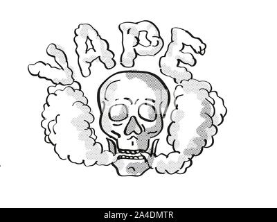 Tatuaggio in stile fumetto illustrazione di disegno di un essere umano vaper cranio vaping fumo soffiato il testo Vape su sfondo isolato fatto in bianco e nero. Foto Stock