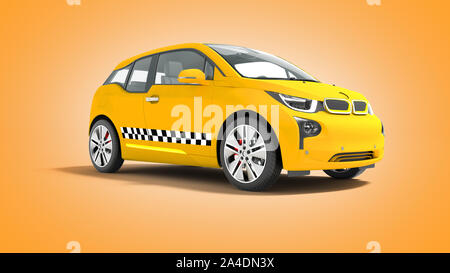 Yellow taxi auto elettriche isolate 3D render su sfondo arancione con ombra Foto Stock