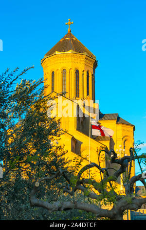 Chiesa della Santa Trinità o Tsminda Sameba Cattedrale closeup tramonto foto verticale, Tbilisi, Georgia Foto Stock