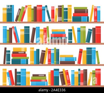 Libro scaffali con multicolore prenota spine. Libri su uno scaffale. Illustrazione Vettoriale in stile piatto Illustrazione Vettoriale