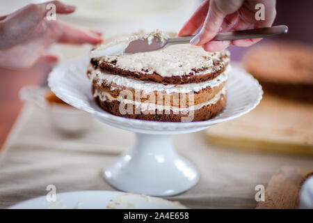 Creazione di una deliziosa multi-layered cake a casa Foto Stock