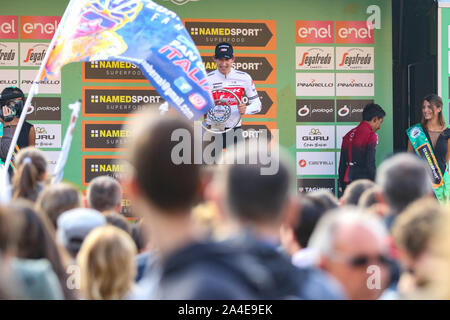 Bauke Mollema del Team Trek Segafredo vincitore presentazione sul podio il Giro di Lombardia 2019 Tour in Bicicletta di Lombardia Como italia Foto Stock