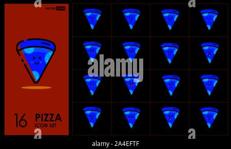 Set di carino pizza le icone della linea in diverse espressioni Foto Stock