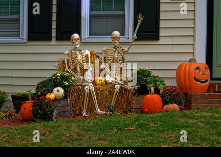 Decorazioni di Halloween; outdoor; 2 scheletri, zucche, crisantemi, balle di fieno, piccole luci, casa; crepuscolo, autunno; orizzontale, PR Foto Stock