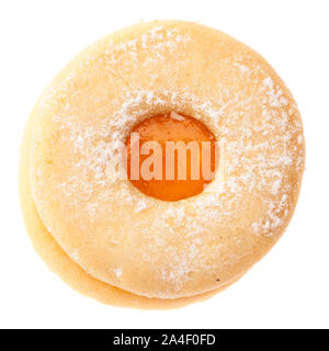 Biscotti di Natale: singolo 'Husarenkrapferl' (ussaro ciambella) dall'alto isolato su sfondo bianco Foto Stock