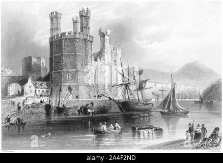 Una incisione della Torre Aquila, Carnarvon Castle (Caernarfon) scansionati ad alta risoluzione da un libro stampato in 1842. Ritiene copyright free. Foto Stock