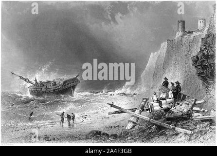 Un'incisione di un Wreck a Kingsgate Bay (Isola di Thanet) UK scansionata ad alta risoluzione da un libro stampato nel 1842. Creduto esente da copyright. Foto Stock