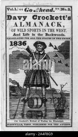 Pagina del titolo da Davy Crockett's Almanack (1836), vol. 1, n. 2, illus. con's Crockett metodo di guadare il Mississippi (su palafitte) Foto Stock