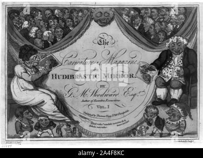 Titolo pagina di George Murgatroyd Woodward, la caricatura rivista o Hudibrastic specchio con una maschera di ridere di John Bull tipo, affiancato da una donna e un uomo seduto e lauging, sia brutto e anziani. Il sipario scende su ciascun lato della mascherina centrale di divulgare la caricatura capi Foto Stock