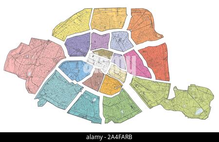 Mappa satellitare di Parigi, la capitale e la città più popolosa della Francia. Divisione della città in zone, arrondissement, comuni. Strade Illustrazione Vettoriale