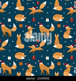 Natale pattern senza soluzione di continuità con le volpi carino in stile scandinavo. Vector illustartion. Illustrazione Vettoriale