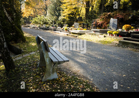 Panchina nel percorso sul cimitero di autunno Foto Stock