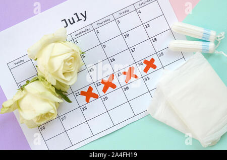 Piano di composizione dei laici con rose bianche e assorbenti mestruali e pad pack sul periodo di mestruazione calendario e blu e rosa pastello lilla sfondo. G Foto Stock