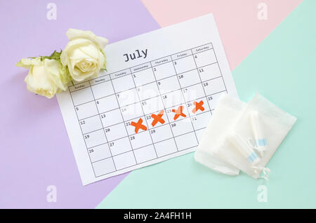 Piano di composizione dei laici con rose bianche e assorbenti mestruali e pad pack sul periodo di mestruazione calendario e blu e rosa pastello lilla sfondo. G Foto Stock
