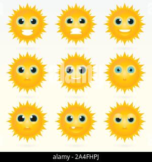 Set di cute emoticon di sun. Varie le emozioni del personaggio. Set di icone di avatar. Illustrazione Vettoriale. Illustrazione Vettoriale