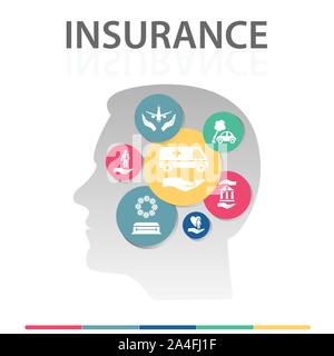 Assicurazione vettore Infographics design. Concetto Timeline includono assicurazione medica, assicurazione infortuni, assicurazione di viaggio icone. Può essere utilizzato per il report Illustrazione Vettoriale