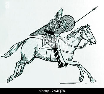 Un vecchio illustrazione che mostra un cavallo normanno-rider (miglia / milite) con il suo scudo e spada/spear, catena-mail e casco Foto Stock