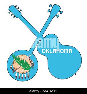 Un tipico quattro banjo stringa in silhouette con una chitarra acustica oltre l'Oklahoma State flag su sfondo bianco Illustrazione Vettoriale