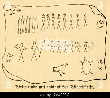 Amerika, Nordamerika, Testooriginale der Darstellung : ' Birkenrinde mit indianischer Bilderschrift ' , Hinweisschild von einer Gruppe auf dem Weg zum Mississippi, 16 Personen , 2 Indianer ( bloßer Kopf ) , angeblich 1 oder 2 Dolmetscher, 1 Geologe ( Mit einem Hammer ) , un 3 Feuern wurde übernachtet ( Zeichnung in den Ecken ) , gegessen wurde ein Präriehuhn und eine Schildkröte . Motiv aus : ' Die Denkwürdigsten Erfindungen bis zu Ende des XVIII. Jahrhunderts ' , Schilderungen für die reifere Jugend, in Verbindung mit L. Luckenbacher herausgegeben von Louis Thomas , durchgesehen und erweitert Foto Stock