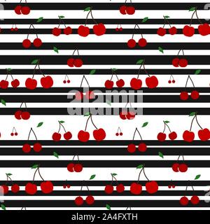 Le ciliegie e strisce Seamless Pattern - Ciliege su piani orizzontali le strisce bianche e nere Illustrazione Vettoriale