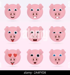 Set di cute emoticon di maiale. Varie le emozioni del personaggio. Set di icone di avatar. Illustrazione Vettoriale. Illustrazione Vettoriale