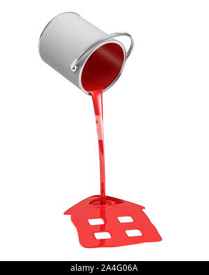 3D rendering di una vernice rossa benna rovesciata con vernice perde in una casa pozza di forma isolata su sfondo bianco. Vernice di buona qualità. Mano- Foto Stock