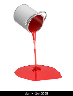 3D rendering di una vernice rossa benna rovesciata con vernice perde in una pozzanghera isolata su sfondo bianco. Vernice di buona qualità. Fatte a mano progetto Foto Stock