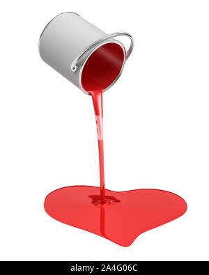 3D rendering di una vernice rossa benna rovesciata con vernice fuoriesce a forma di cuore pozzanghera isolata su sfondo bianco. Vernice di buona qualità. Mano- Foto Stock