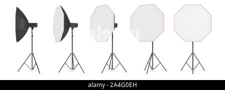 3D rendering di un octobox set di illuminazione su di un supporto in diverse angolazioni. Studio professionale di illuminazione. Attrezzatura fotografica. Dispersione di luce strumenti. Foto Stock