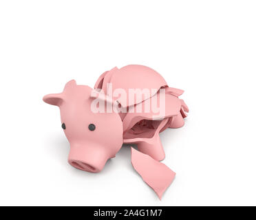 3D rendering di una ceramica rosa salvadanaio completamente suddiviso in più pezzi di grandi dimensioni. Risparmio di denaro. Banca Assicurazione. Perdita di investimenti. Foto Stock