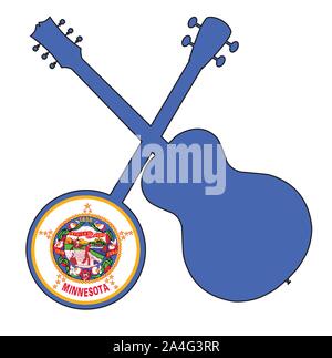 Un tipico quattro banjo stringa in silhouette con una chitarra acustica al di sopra del Minnesota state flag su sfondo bianco Illustrazione Vettoriale