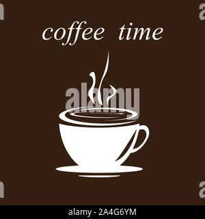 Marrone e bianco vettore schizzo Doodle Icona del caffè con il logo di una fumante tazza di caffè o di tè, isolato su bianco Illustrazione Vettoriale