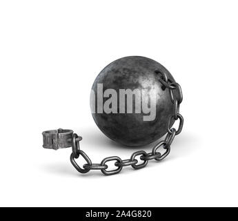 3D rendering di un giacente sfera di ferro attaccata ad un biscottino con una catena di forti. Catturati dalla legge. Onere di credito. Grillo per sfortunati. Foto Stock
