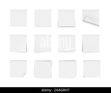 3D rendering di dodici vuoto adesivi bianchi, isolata su uno sfondo bianco. Ufficio e forniture scolastiche. Articoli di cancelleria. Post-it. Foto Stock