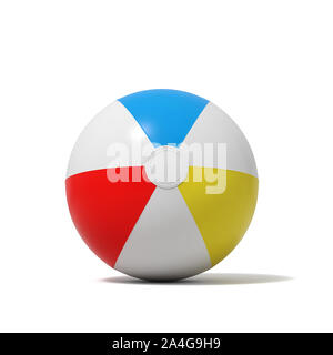 3D rendering di un pneumatico gonfio palla spiaggia con bianco e strisce colorate su sfondo bianco. Giochi d'estate. Località di mare. Forniture di vacanza. Foto Stock